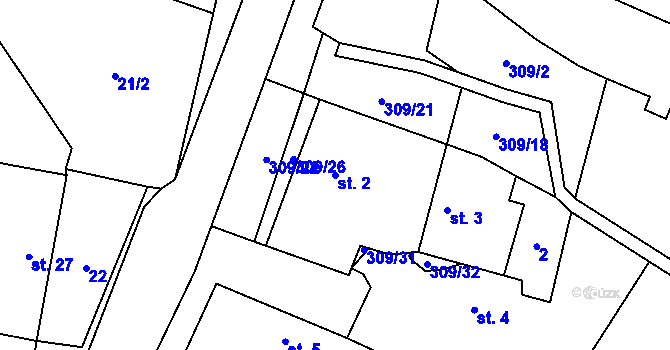 Parcela st. 2 v KÚ Kozomín, Katastrální mapa