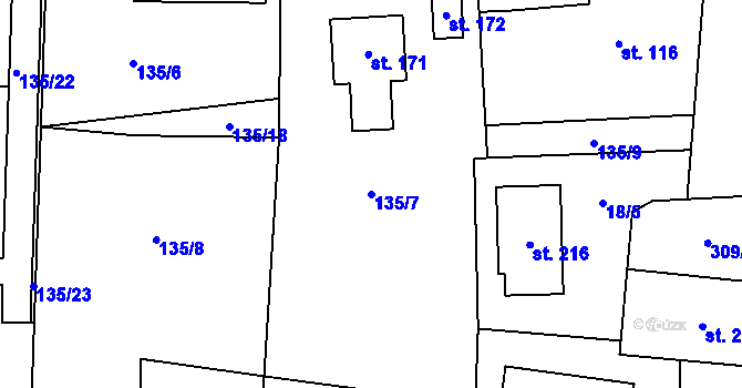Parcela st. 135/7 v KÚ Kozomín, Katastrální mapa