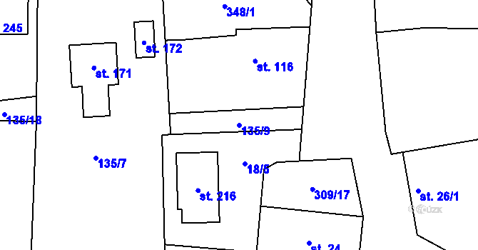 Parcela st. 135/9 v KÚ Kozomín, Katastrální mapa