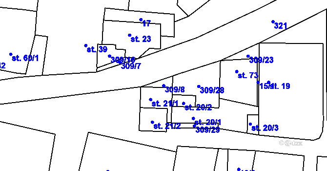 Parcela st. 309/8 v KÚ Kozomín, Katastrální mapa