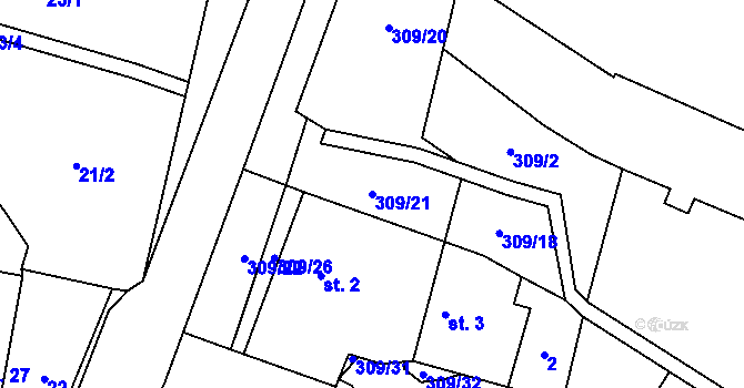 Parcela st. 309/21 v KÚ Kozomín, Katastrální mapa