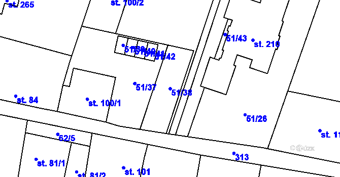 Parcela st. 51/38 v KÚ Kozomín, Katastrální mapa