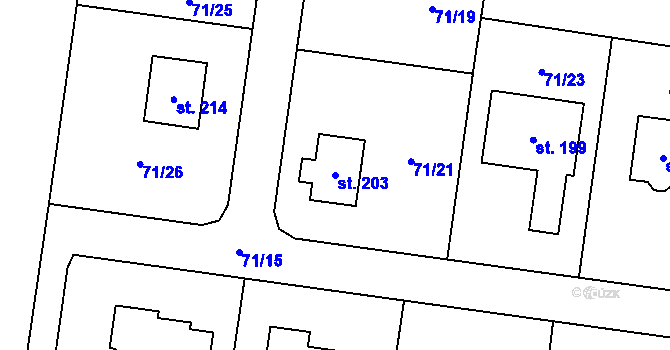 Parcela st. 203 v KÚ Kozomín, Katastrální mapa