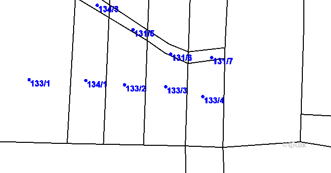 Parcela st. 133/3 v KÚ Kožichovice, Katastrální mapa