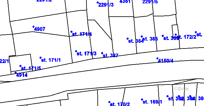 Parcela st. 387 v KÚ Kožlany, Katastrální mapa