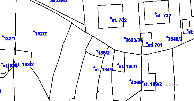 Parcela st. 186/2 v KÚ Kožlany, Katastrální mapa