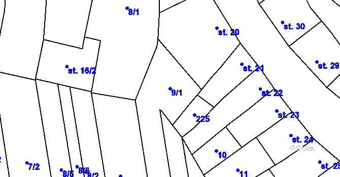 Parcela st. 9/1 v KÚ Tážaly, Katastrální mapa