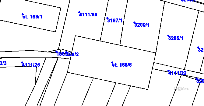Parcela st. 166/2 v KÚ Kožušice, Katastrální mapa