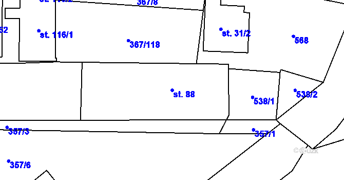 Parcela st. 88 v KÚ Králíky u Nového Bydžova, Katastrální mapa