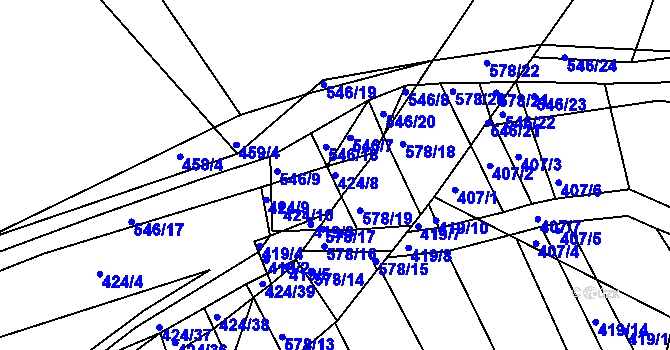 Parcela st. 424/8 v KÚ Minice u Kralup nad Vltavou, Katastrální mapa