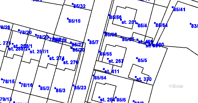 Parcela st. 85/55 v KÚ Minice u Kralup nad Vltavou, Katastrální mapa