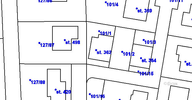Parcela st. 362 v KÚ Minice u Kralup nad Vltavou, Katastrální mapa