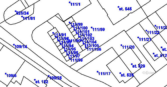 Parcela st. 111/105 v KÚ Minice u Kralup nad Vltavou, Katastrální mapa