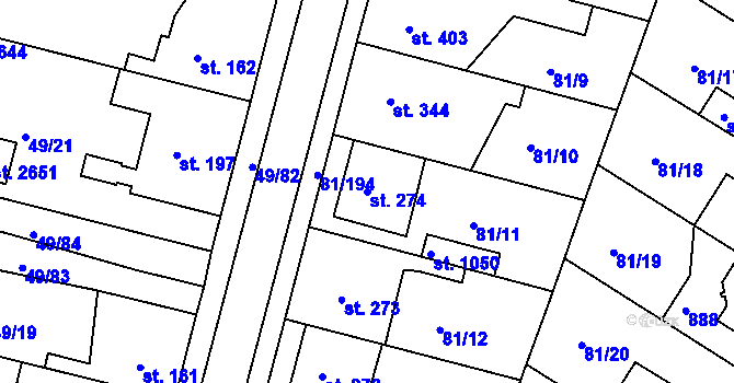 Parcela st. 274 v KÚ Lobeček, Katastrální mapa