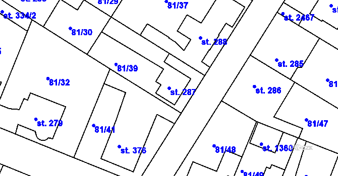 Parcela st. 287 v KÚ Lobeček, Katastrální mapa