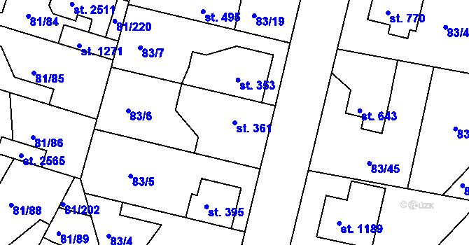 Parcela st. 361 v KÚ Lobeček, Katastrální mapa