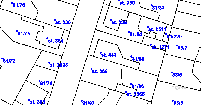 Parcela st. 443 v KÚ Lobeček, Katastrální mapa