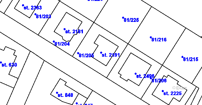 Parcela st. 2191 v KÚ Lobeček, Katastrální mapa
