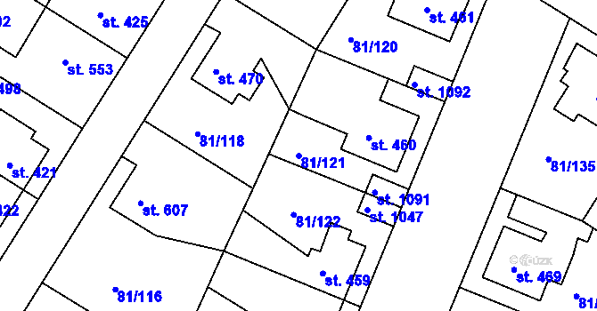 Parcela st. 81/121 v KÚ Lobeček, Katastrální mapa