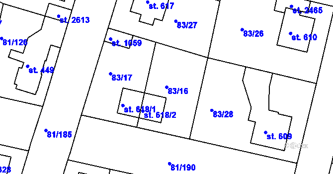 Parcela st. 83/16 v KÚ Lobeček, Katastrální mapa
