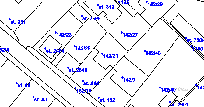 Parcela st. 142/21 v KÚ Lobeček, Katastrální mapa