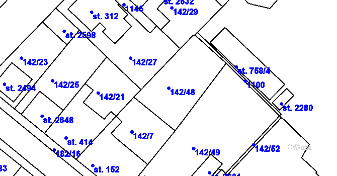 Parcela st. 142/48 v KÚ Lobeček, Katastrální mapa