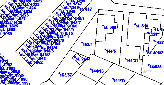Parcela st. 153/4 v KÚ Lobeček, Katastrální mapa