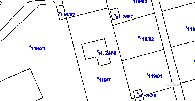 Parcela st. 2474 v KÚ Lobeček, Katastrální mapa