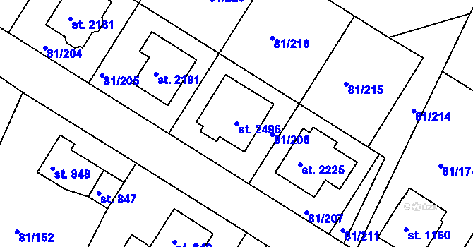 Parcela st. 2496 v KÚ Lobeček, Katastrální mapa