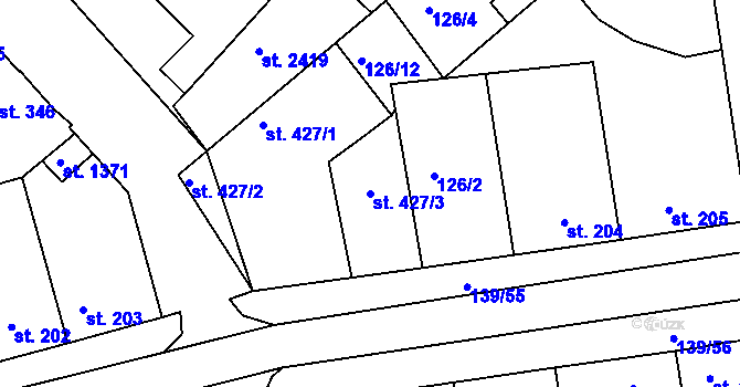 Parcela st. 427/3 v KÚ Lobeček, Katastrální mapa