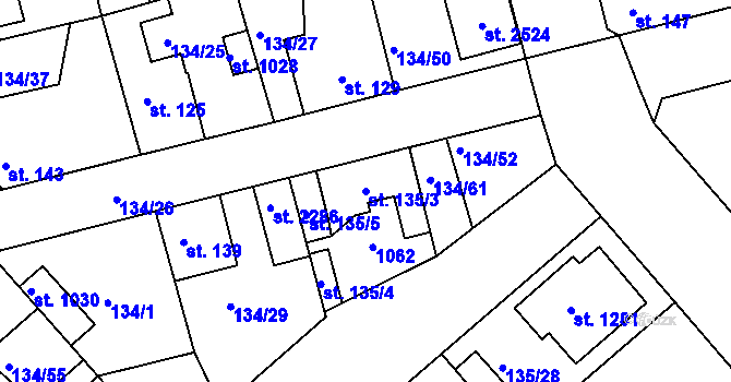 Parcela st. 135/3 v KÚ Lobeček, Katastrální mapa
