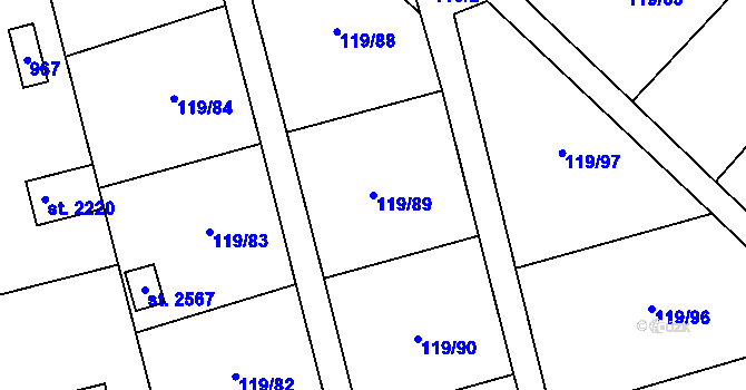 Parcela st. 119/89 v KÚ Lobeček, Katastrální mapa