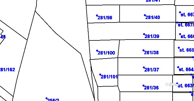 Parcela st. 281/100 v KÚ Lobeč, Katastrální mapa