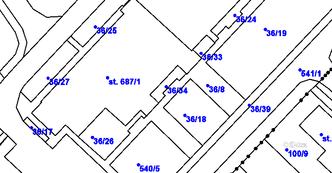 Parcela st. 36/34 v KÚ Lobeč, Katastrální mapa