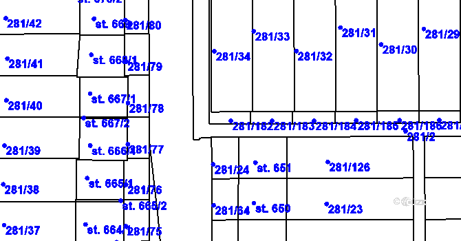 Parcela st. 281/182 v KÚ Lobeč, Katastrální mapa