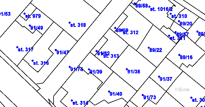 Parcela st. 313 v KÚ Králův Dvůr, Katastrální mapa