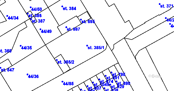 Parcela st. 385/1 v KÚ Králův Dvůr, Katastrální mapa