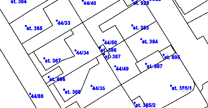 Parcela st. 387 v KÚ Králův Dvůr, Katastrální mapa