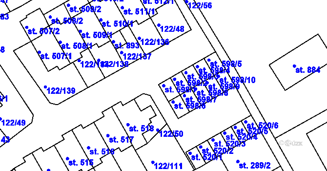 Parcela st. 598/1 v KÚ Králův Dvůr, Katastrální mapa