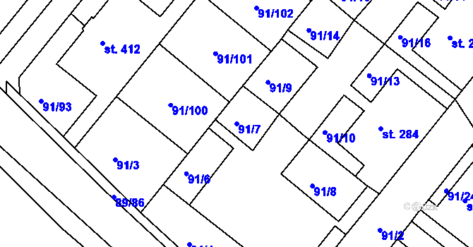 Parcela st. 91/7 v KÚ Králův Dvůr, Katastrální mapa