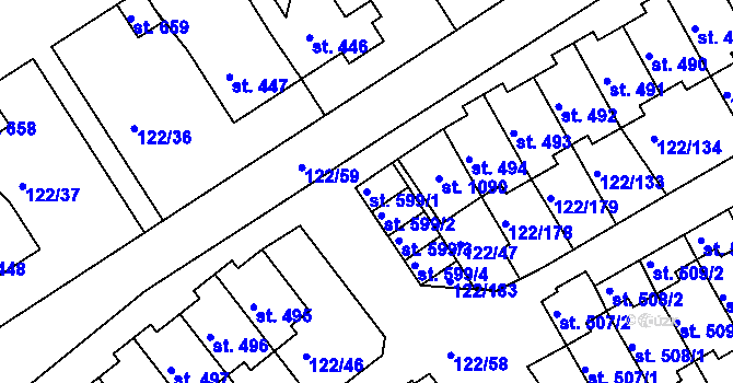 Parcela st. 599/1 v KÚ Králův Dvůr, Katastrální mapa