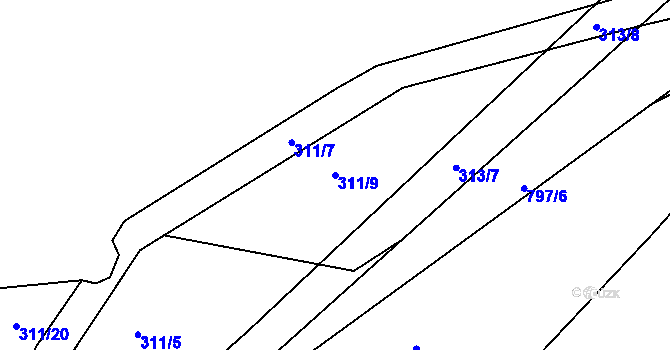 Parcela st. 311/9 v KÚ Králův Dvůr, Katastrální mapa