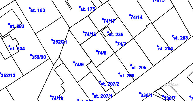 Parcela st. 74/8 v KÚ Popovice u Králova Dvora, Katastrální mapa
