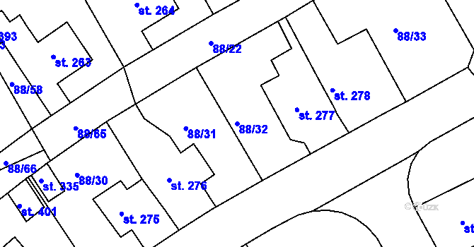Parcela st. 88/32 v KÚ Počaply, Katastrální mapa