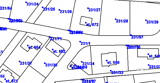 Parcela st. 231/1 v KÚ Počaply, Katastrální mapa