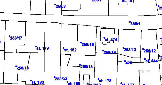 Parcela st. 258/16 v KÚ Počaply, Katastrální mapa
