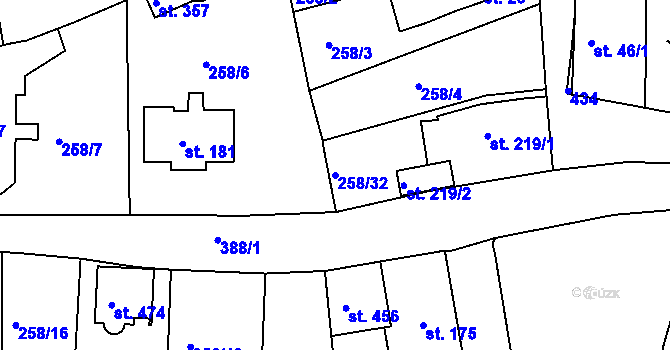 Parcela st. 258/32 v KÚ Počaply, Katastrální mapa