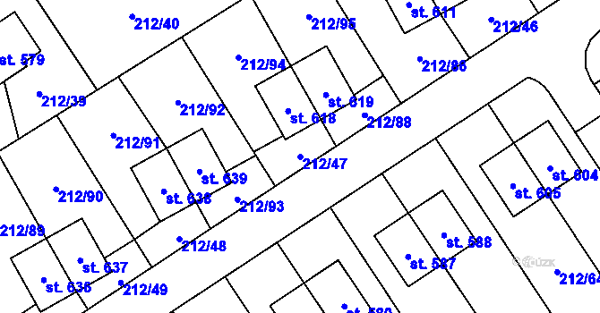 Parcela st. 212/47 v KÚ Počaply, Katastrální mapa