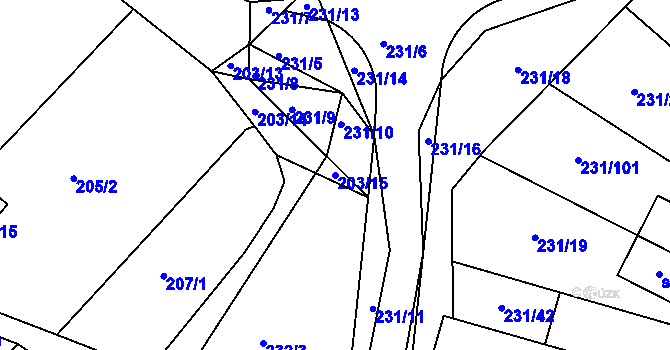 Parcela st. 203/15 v KÚ Počaply, Katastrální mapa