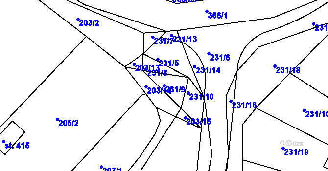 Parcela st. 231/9 v KÚ Počaply, Katastrální mapa